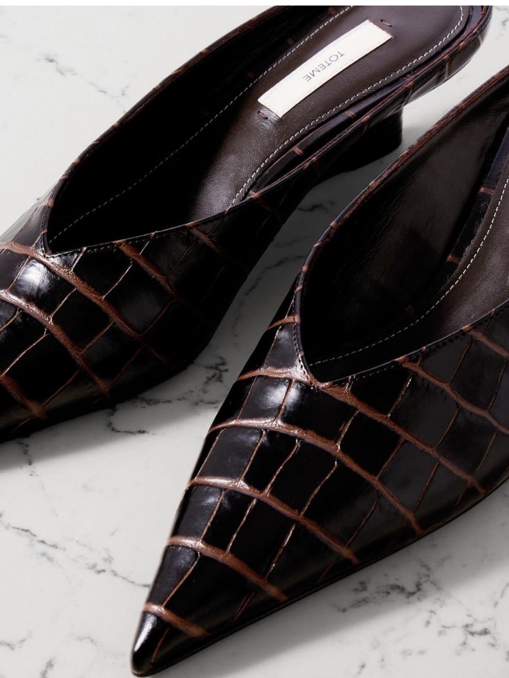 Toteme Croc-Embossed Brown Pointed Mules - Picture 2 of 3
